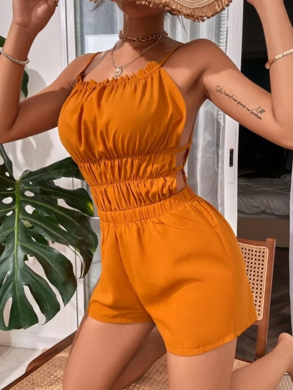 Orange Smocked Waist Cut-Out Romper - XS - Picture 2 of 5